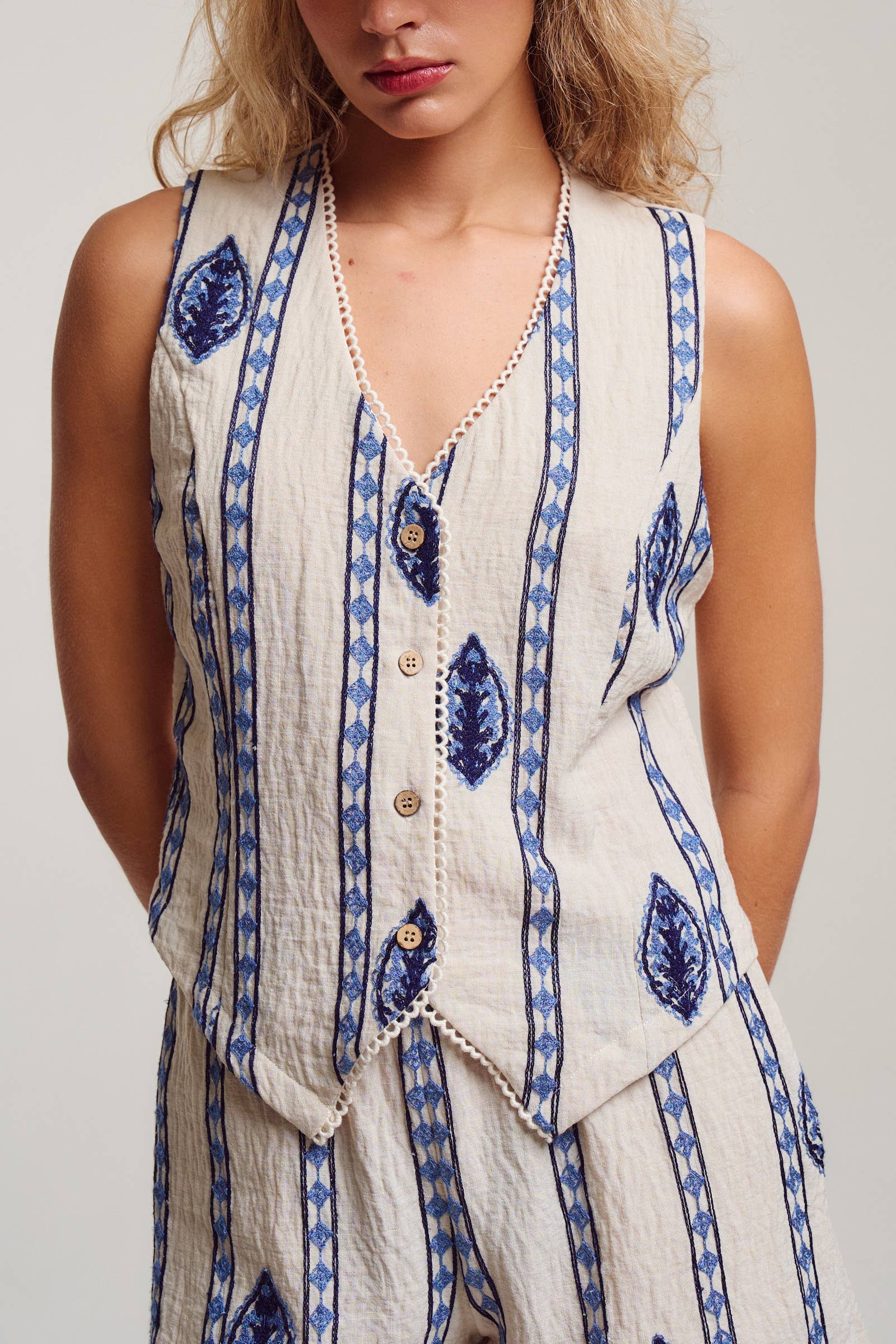 Blue Embroidered Linen Blend Button Front Vest
