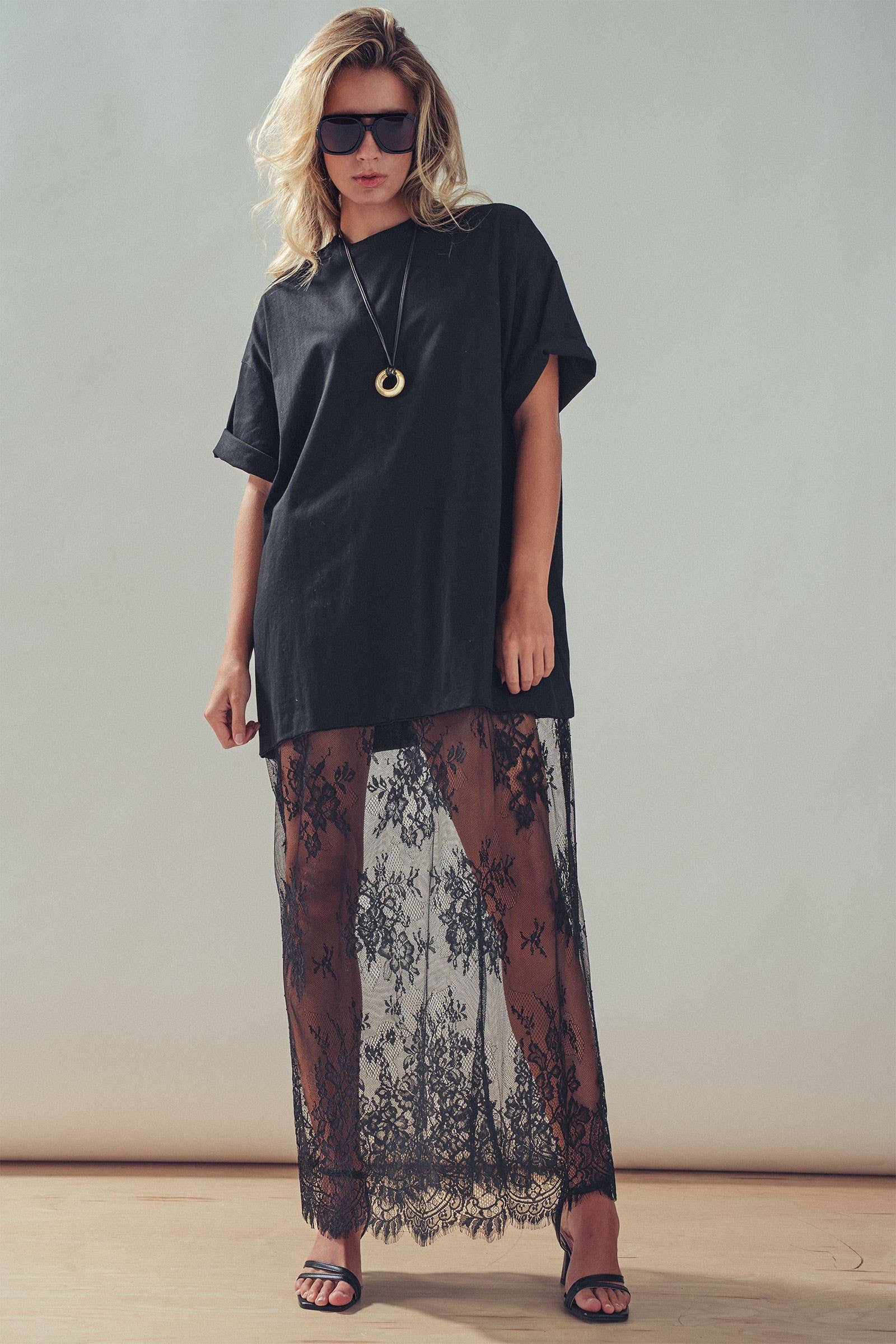 Mixed-Media T-Shirt Dress with Sheer Lace Skirt