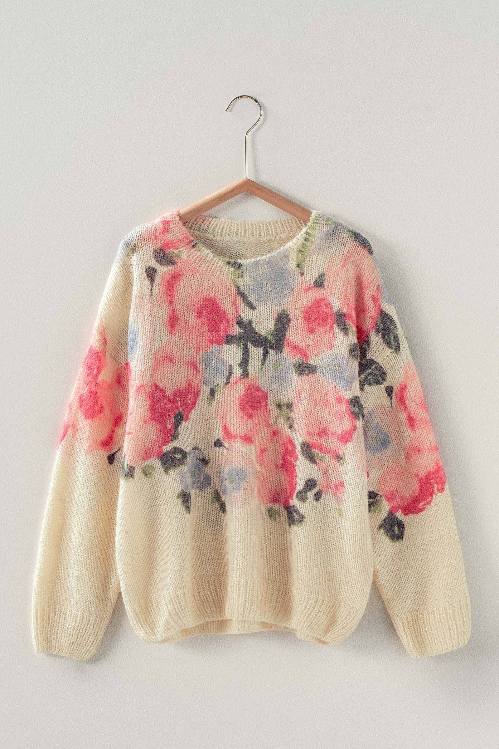 Urban Daizy Oversized Floral Print Soft Knit Sweater Cream-Multi Knit Sweater - Women's (UDZ-OT-00168)