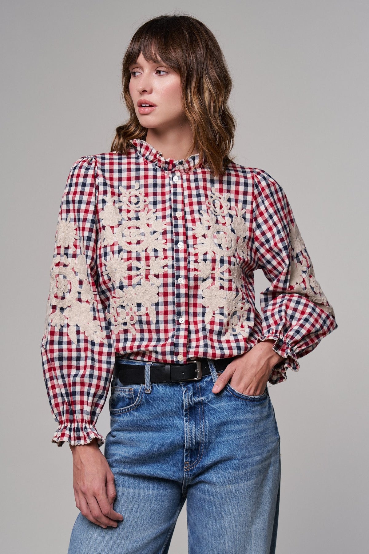 Floral Embroidered Gingham Blouse in Romantic Prairie Style in RED/NAVY - Women's Graphic T-shirts | Urban Daizy