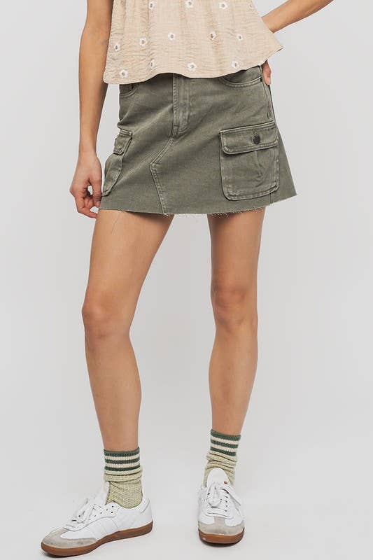 High Rise Raw Hem Utility Pocket Mini Cargo Skirt
