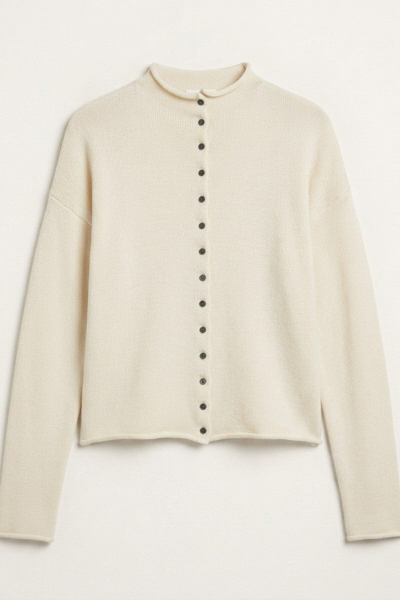 Striped Polo Collar Button Sweater with Rolled Edges in IVORY - Women's Cardigans & Shrugs | Urban Daizy