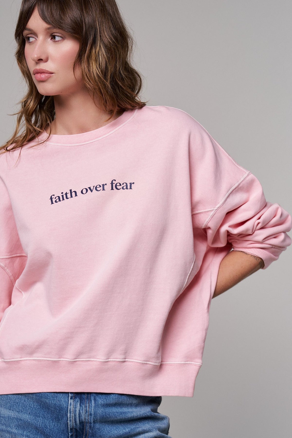 Oversized Graphic Sweatshirt Pigment Wash Cotton Crewneck in PINK CLAY - Women's Sweatshirts & Hoodies | Urban Daizy