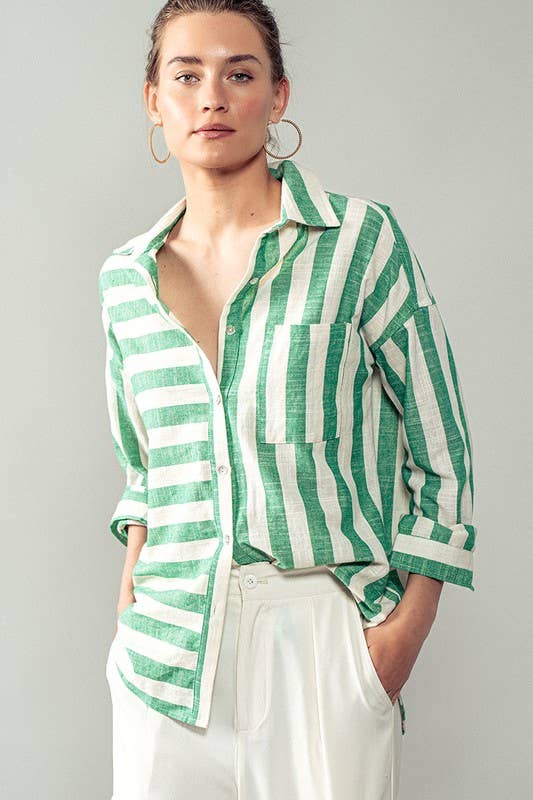 Mixed Stripe Pattern Oversized Button Down Shirt
