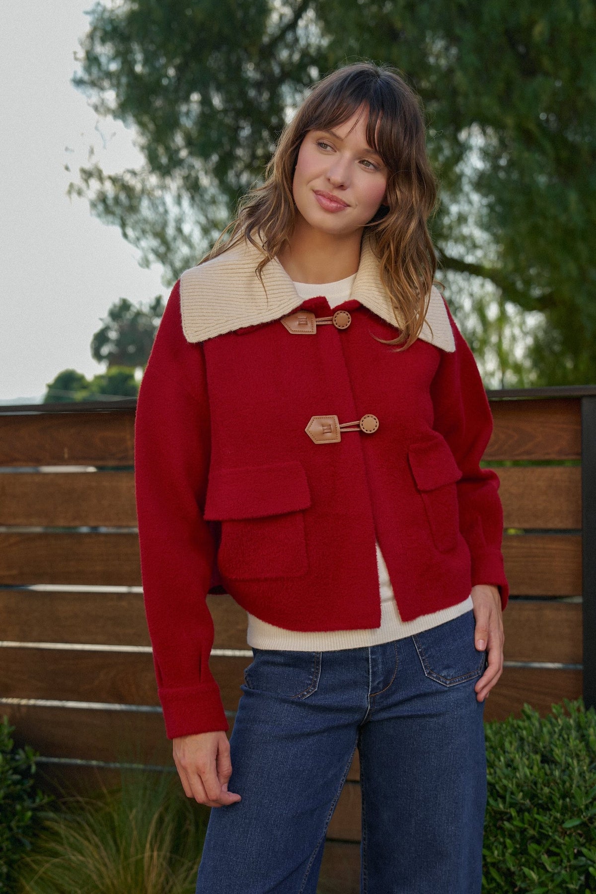 Toggle Front Sweater Jacket with Contrast Collar in RED - Women's Jackets & Blazers | Urban Daizy