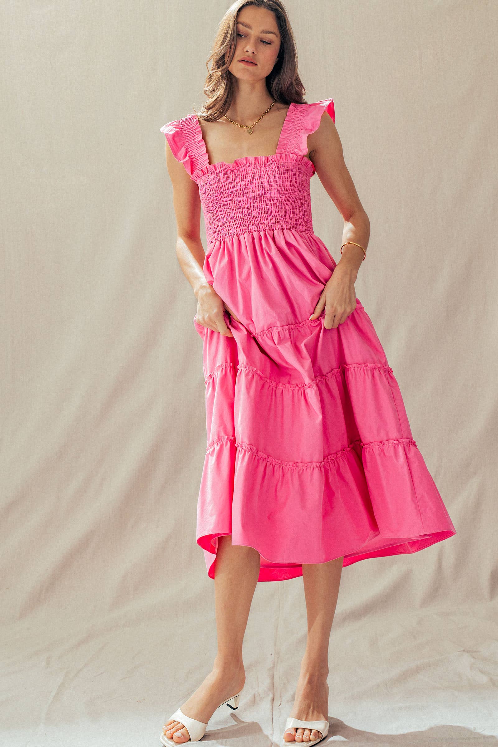 Cotton Smocked Tiered Midi Dress
