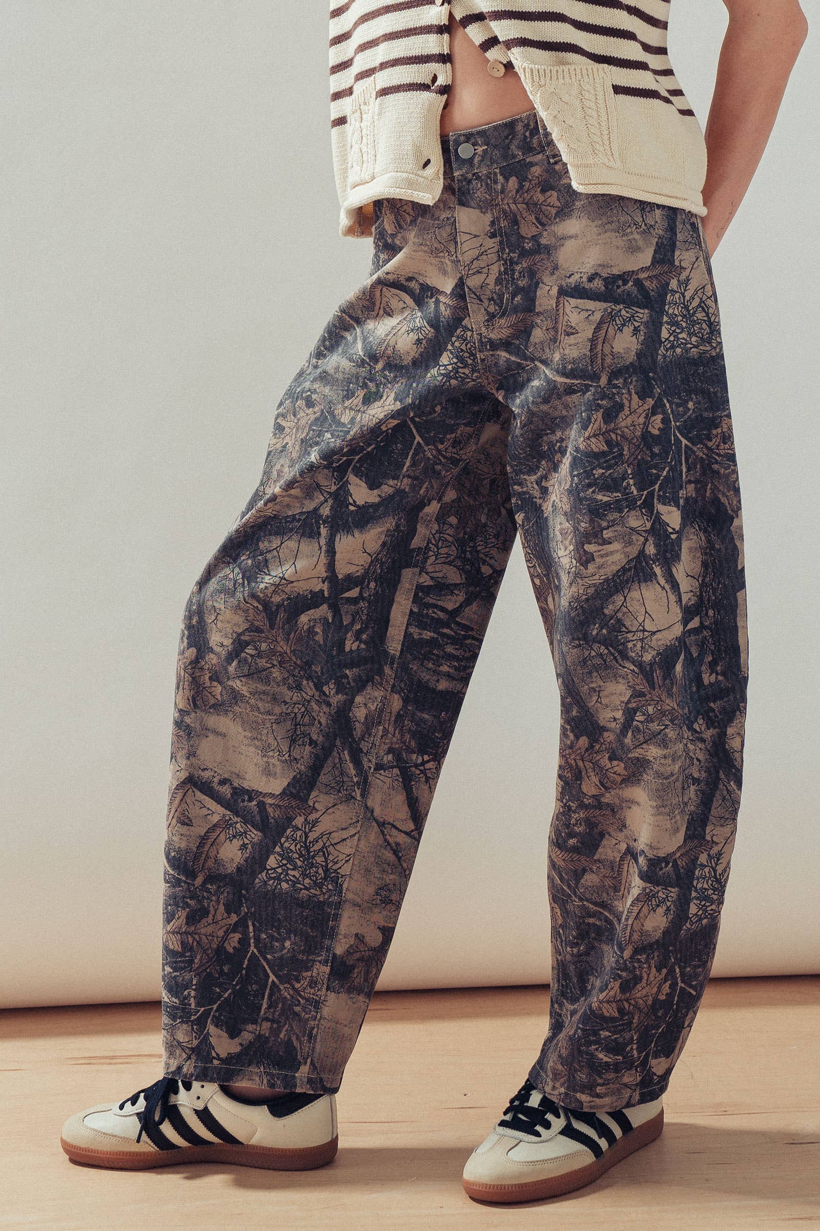 Forest Camo Print Barrel Leg Jeans