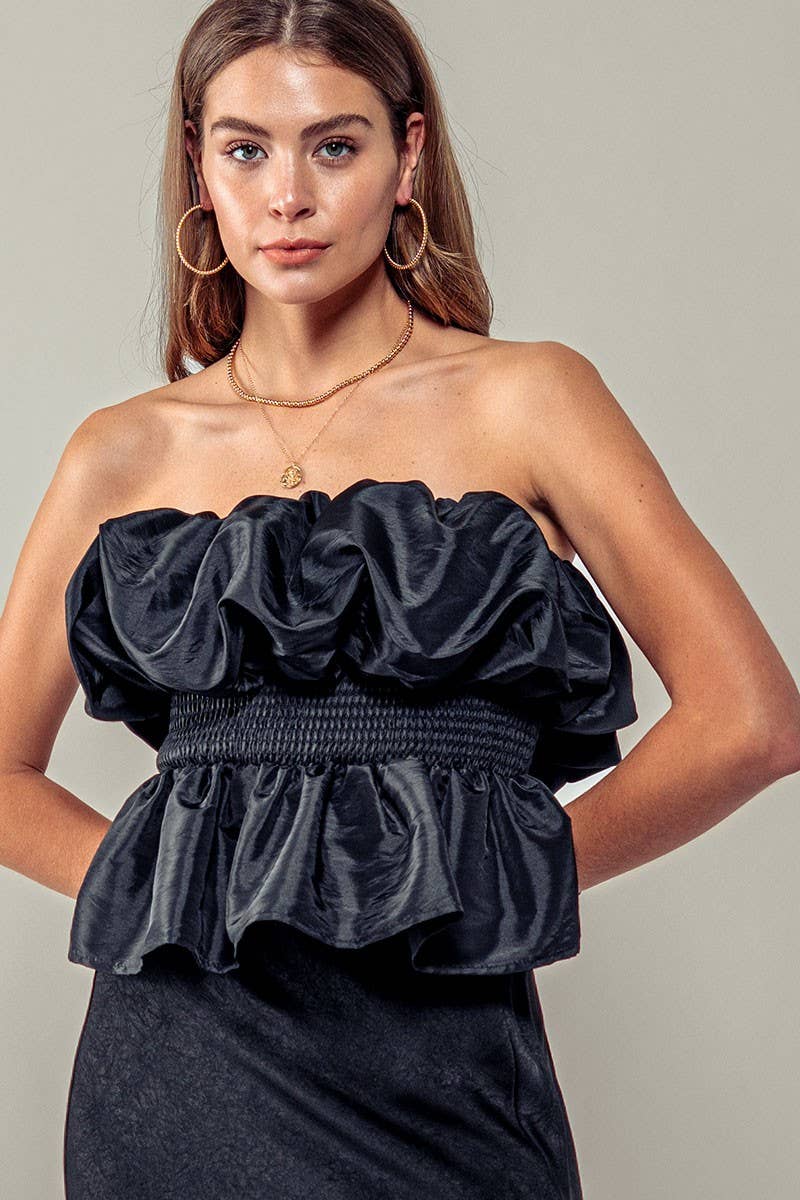 Urban Daizy Strapless Ruffle Smocked Waist Silky Peplum Top Black Blouse - Women's (UDZ-TP-00566)