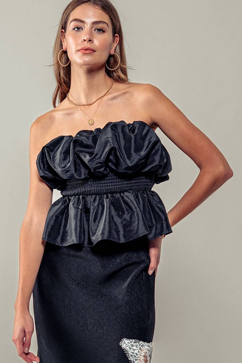 Urban Daizy Strapless Ruffle Smocked Waist Silky Peplum Top Black Blouse - Women's (UDZ-TP-00566) – alternate view 4