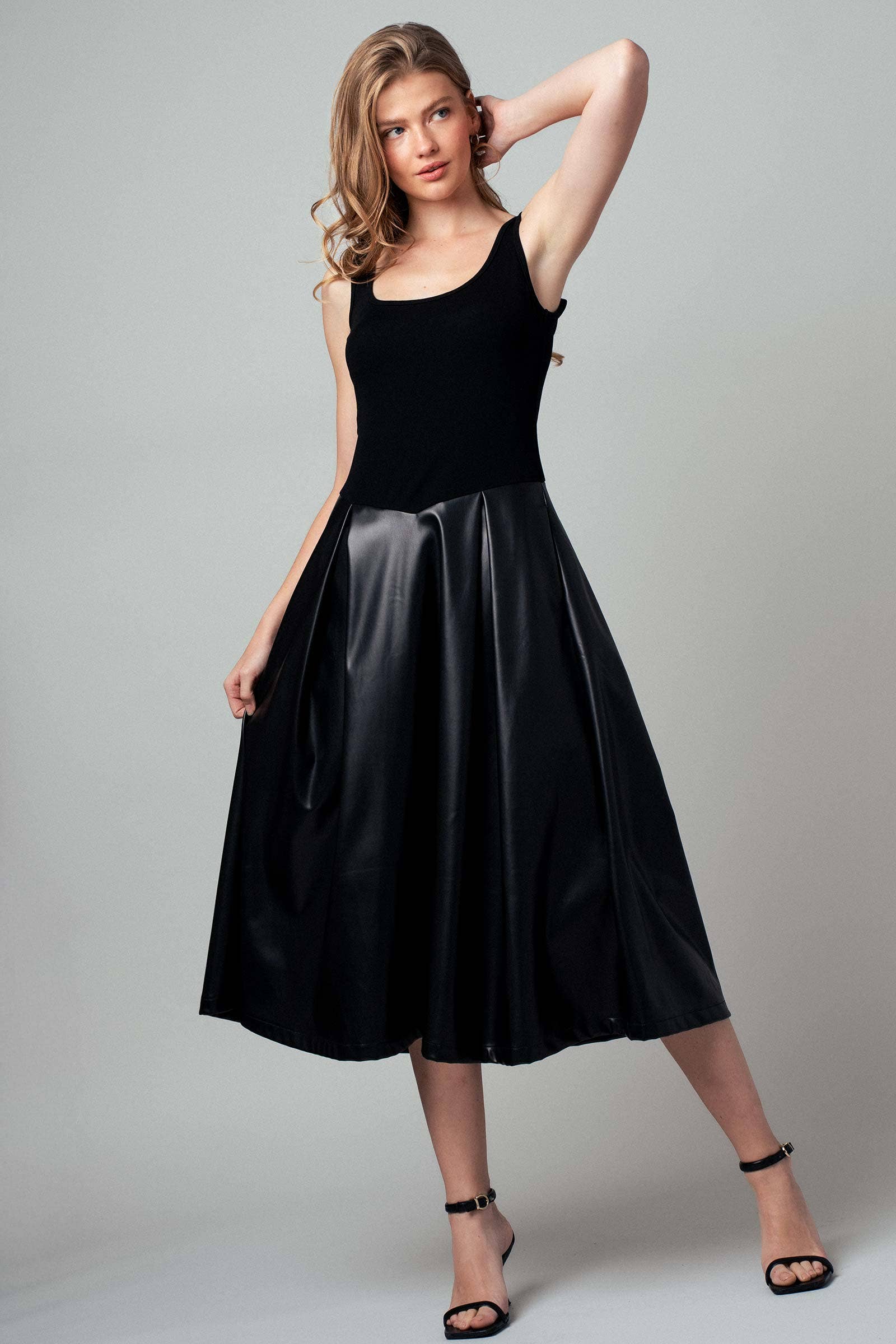 Faux Leather Contrast A-Line Midi Dress