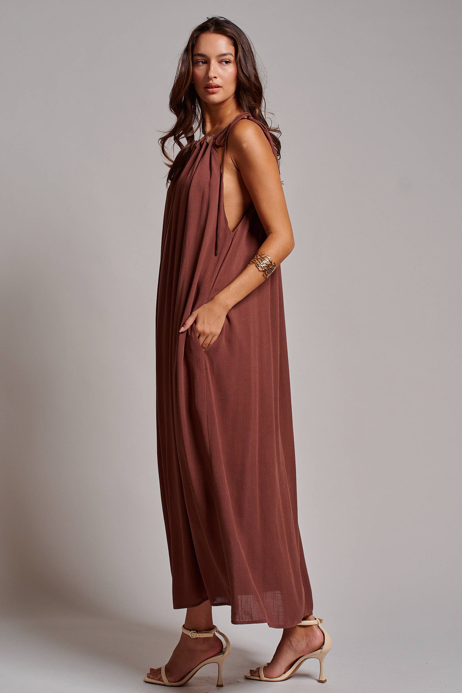 Beaded Halter Neck Linen Blend Maxi Dress