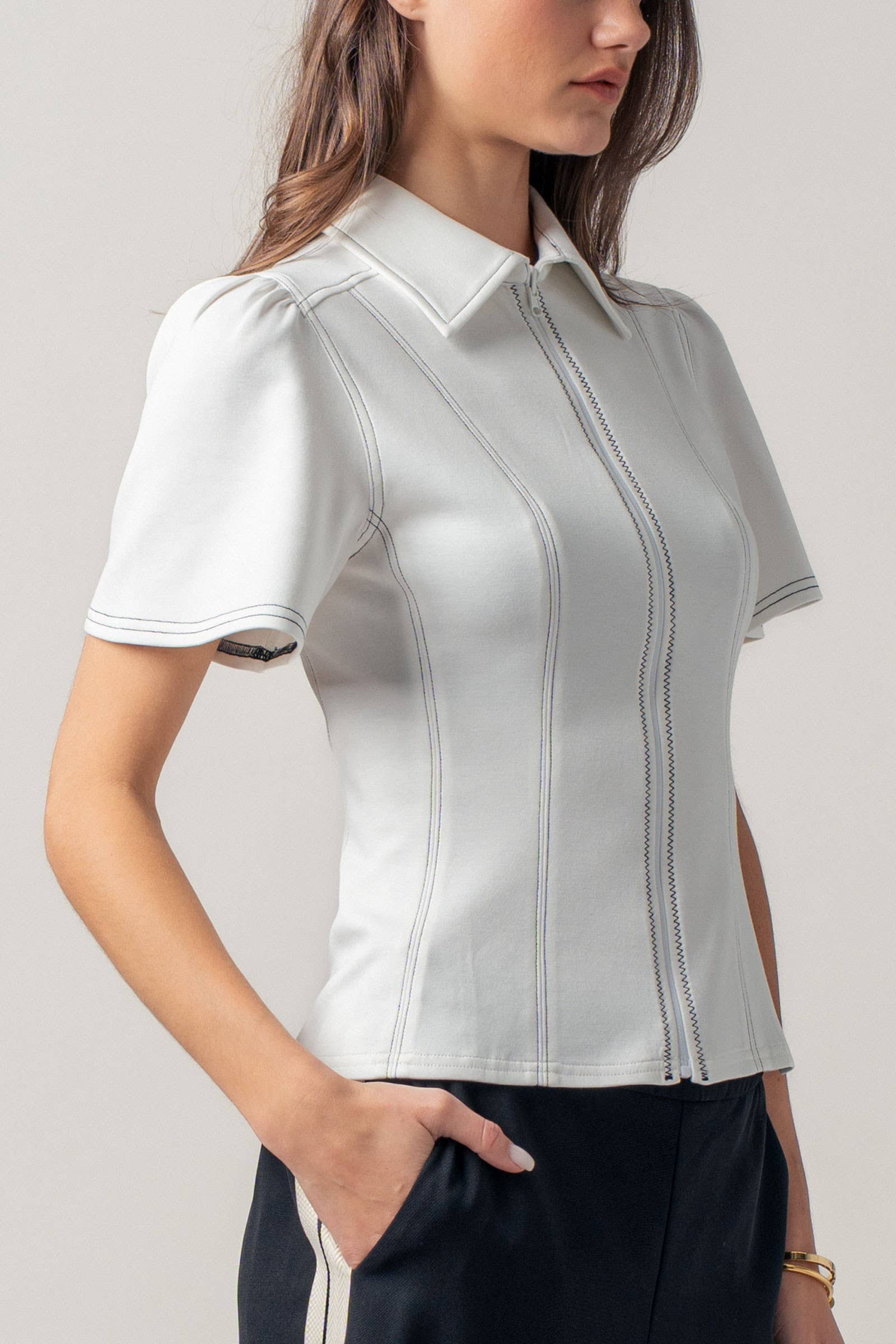 Urban Daizy Contrast Stitch Zip Front Knit Top Puff Sleeve Ivory Blouse - Women's (UDZ-TP-01058) – alternate view 6