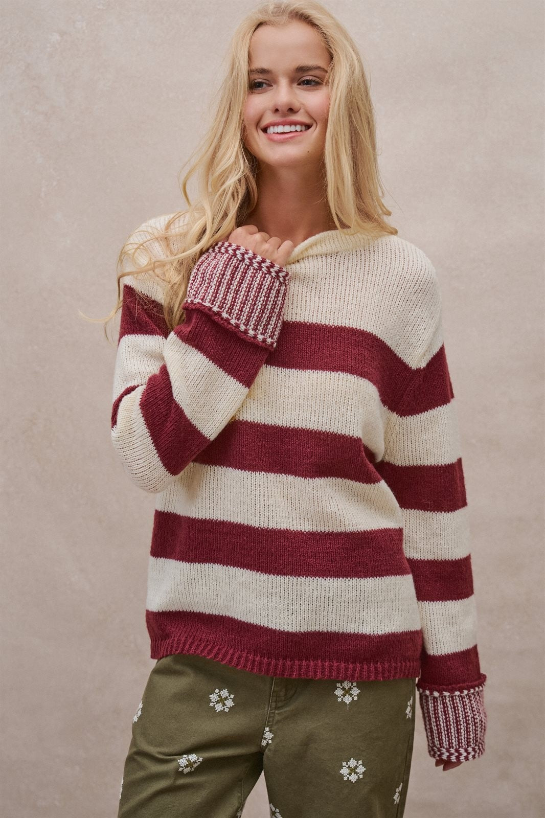 Striped Oversized Chunky Knit Sweater in BURGUNDY - Women's Sweaters | Urban Daizy