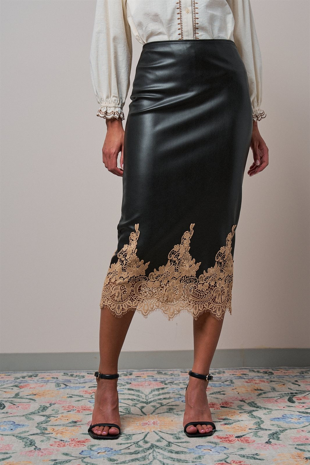 Faux Leather Lace Trim Midi Pencil Skirt in BLACK - Women's Midi Skirts | Urban Daizy
