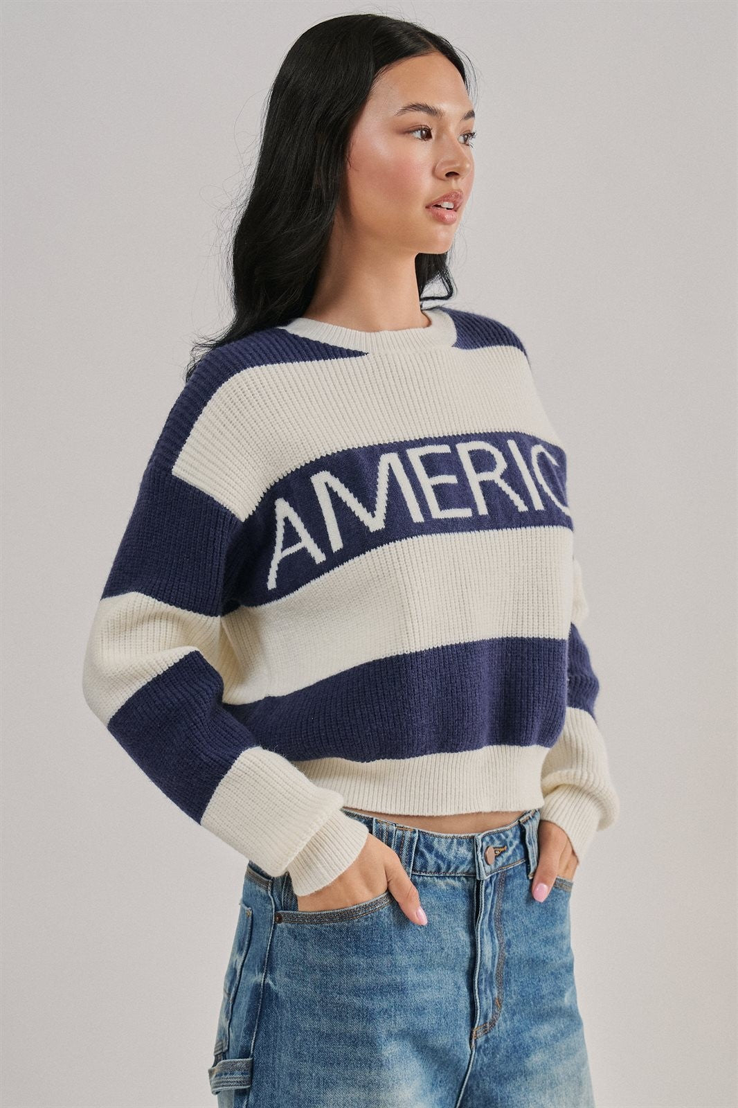 Nantucket America Stripe Crewneck Sweater in IVORY NAVY - Women's Sweaters | Urban Daizy