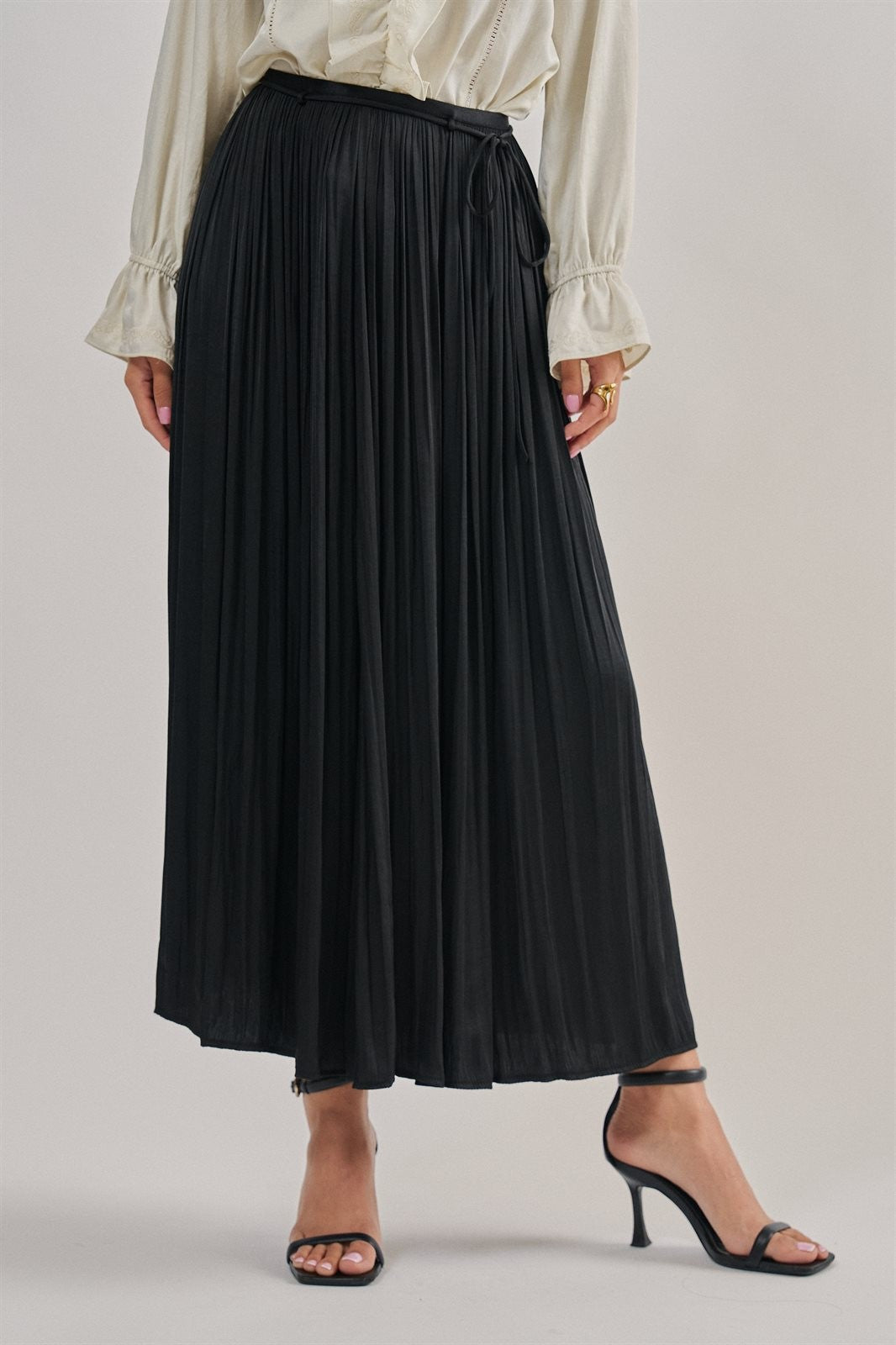 Washed Satin Crinkle Pleated Maxi Skirt in BLACK - Women's Maxi Skirts | Urban Daizy