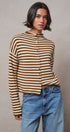 Striped Polo Collar Button Sweater with Rolled Edges in IVORY BROWN - Women's Cardigans & Shrugs | Urban Daizy