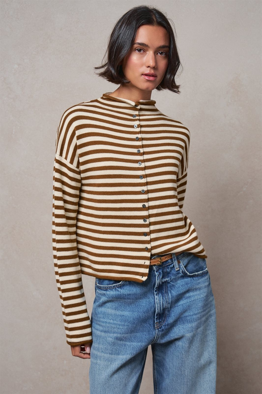 Striped Polo Collar Button Sweater with Rolled Edges in IVORY BROWN - Women's Cardigans & Shrugs | Urban Daizy