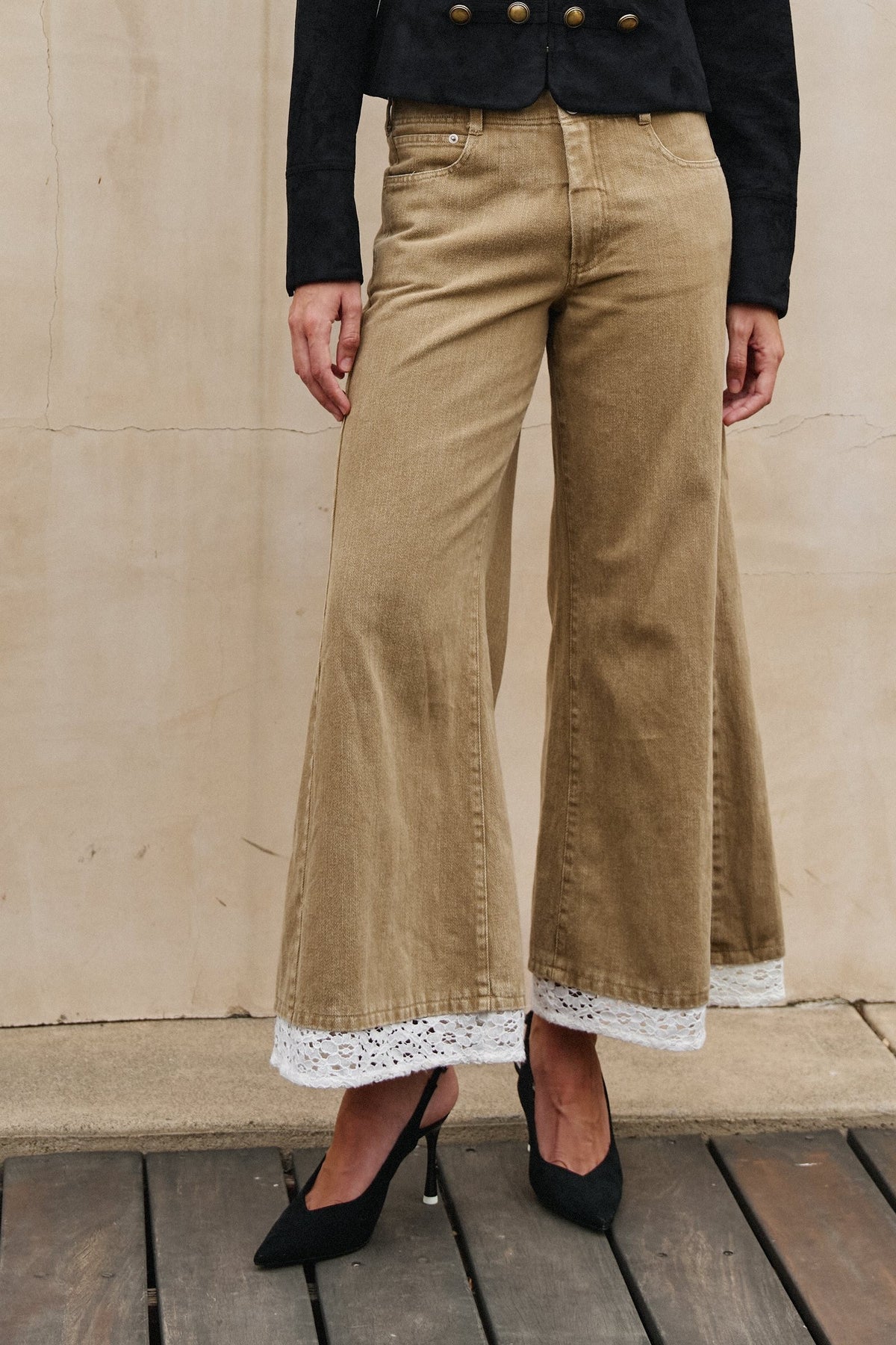 Wide Leg Lace Hem Denim Casual Pants in TAUPE	 - Women's Casual Pants | Urban Daizy