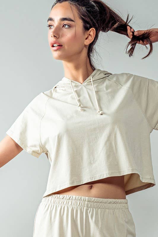 Urban Daizy Cropped Short Sleeve Drawstring Hooded Pullover Top Black Hoodie - Women's (UDZ-KN-00341) – alternate view 7