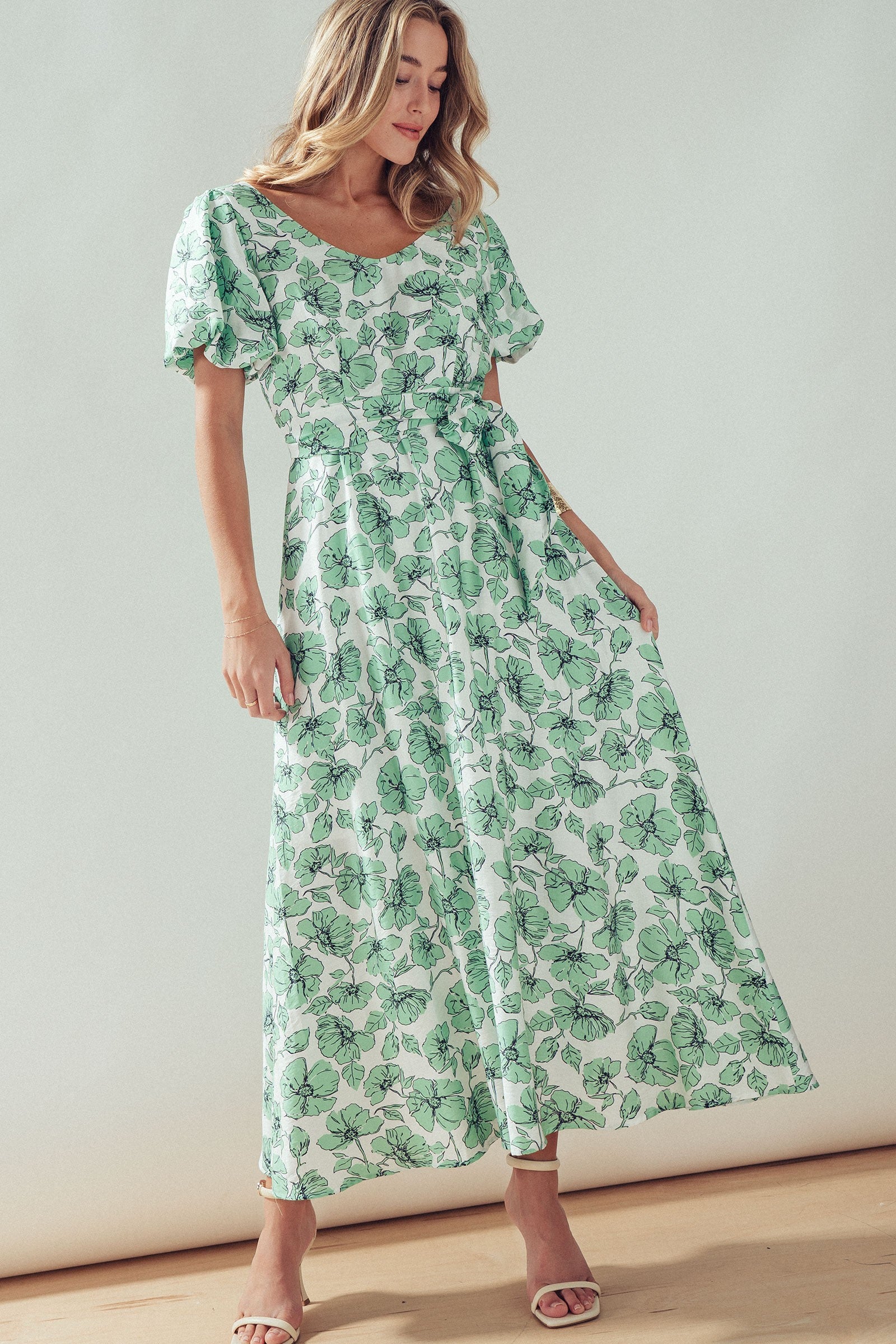 Green Floral Puff Sleeve Midi Dress