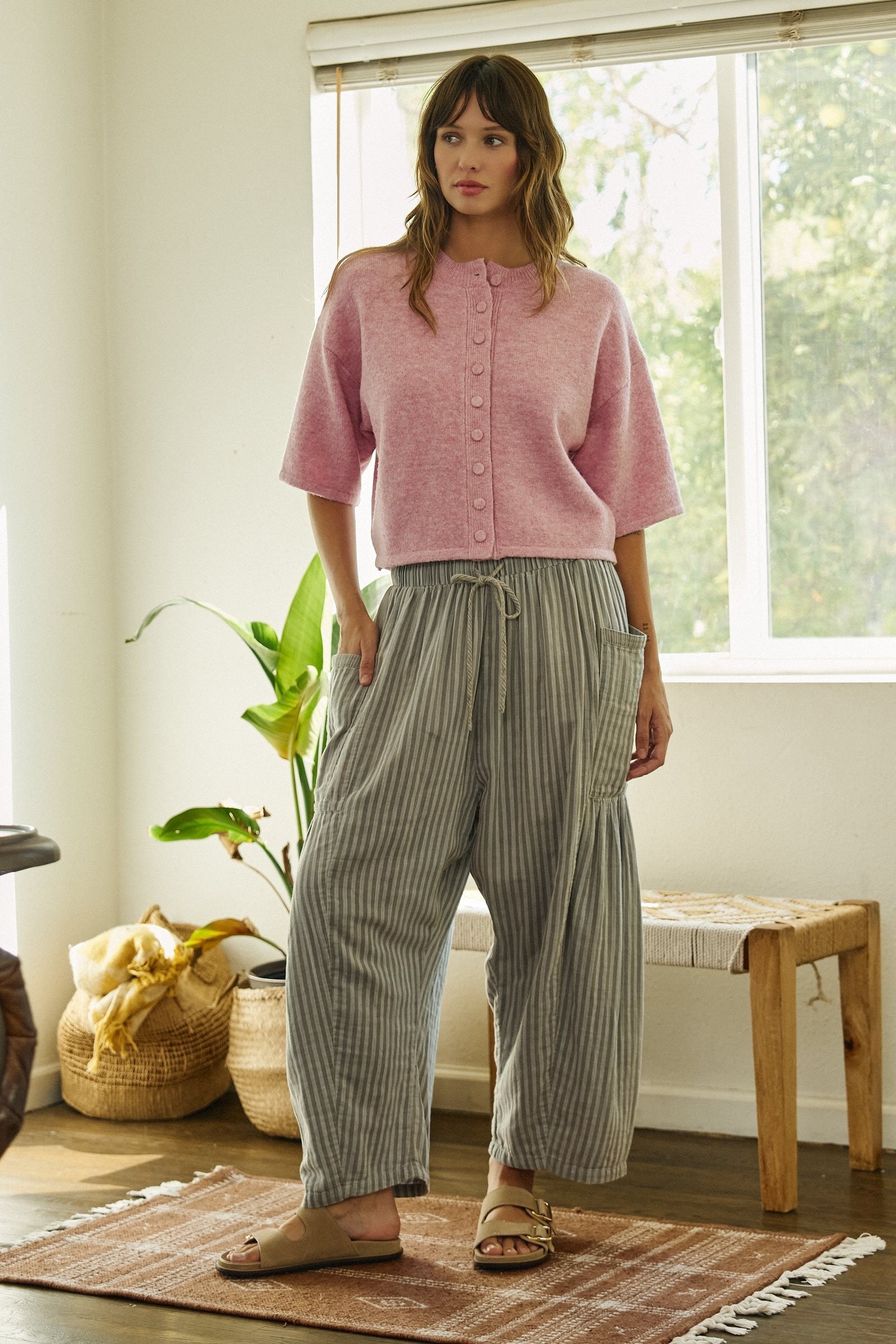 Striped Wide Leg Cotton Pants with Pockets in GREY - Women's Casual Pants | Urban Daizy