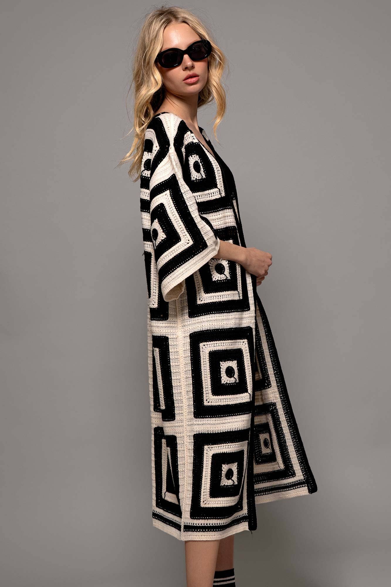 Urban Daizy Geometric Crochet Midi Length Open Front Cardigan Black Cardigan - Women's (UDZ-KN-00277) – alternate view 5