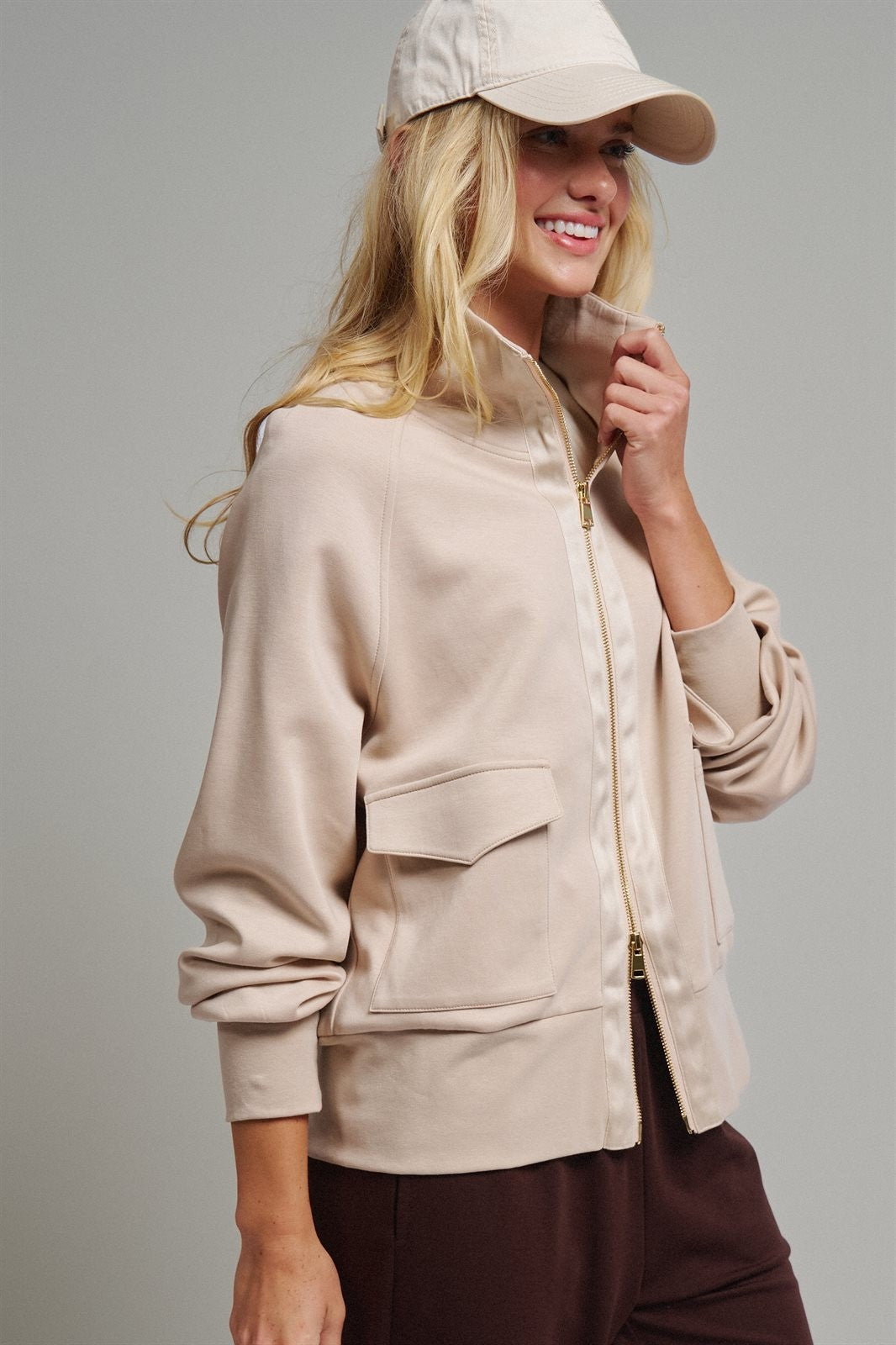 Scuba Zip Up Track Bomber Jacket Pilates Athflow for Women in SAND - Women's Jackets & Blazers | Urban Daizy