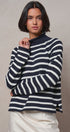 Striped Mock Neck Sweater with Rolled Neckline in IVORY NAVY - Women's Sweaters | Urban Daizy
