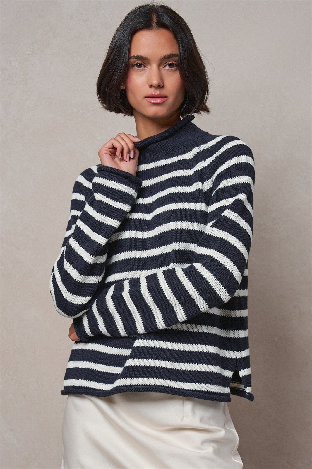 Striped Mock Neck Sweater with Rolled Neckline in IVORY NAVY - Women's Sweaters | Urban Daizy