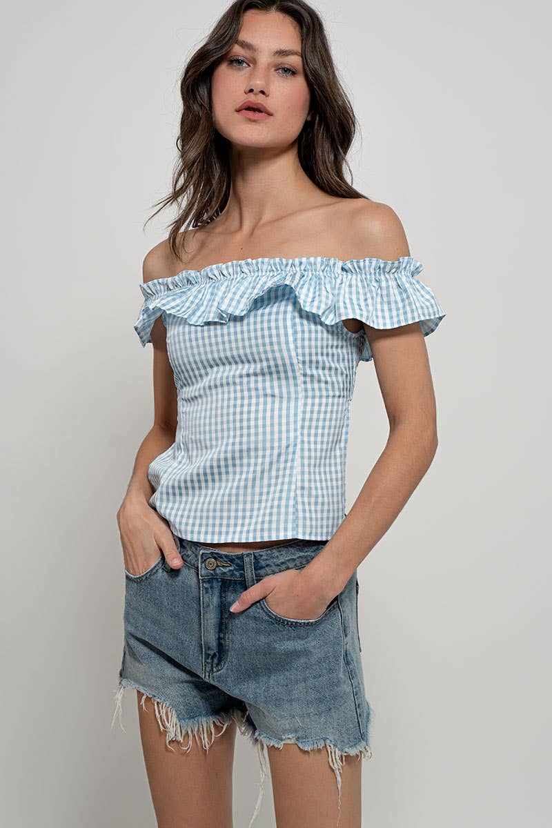Urban Daizy Gingham Ruffle Off-Shoulder Crop Top Pink Blouse - Women's (UDZ-TP-01034) – alternate view 24