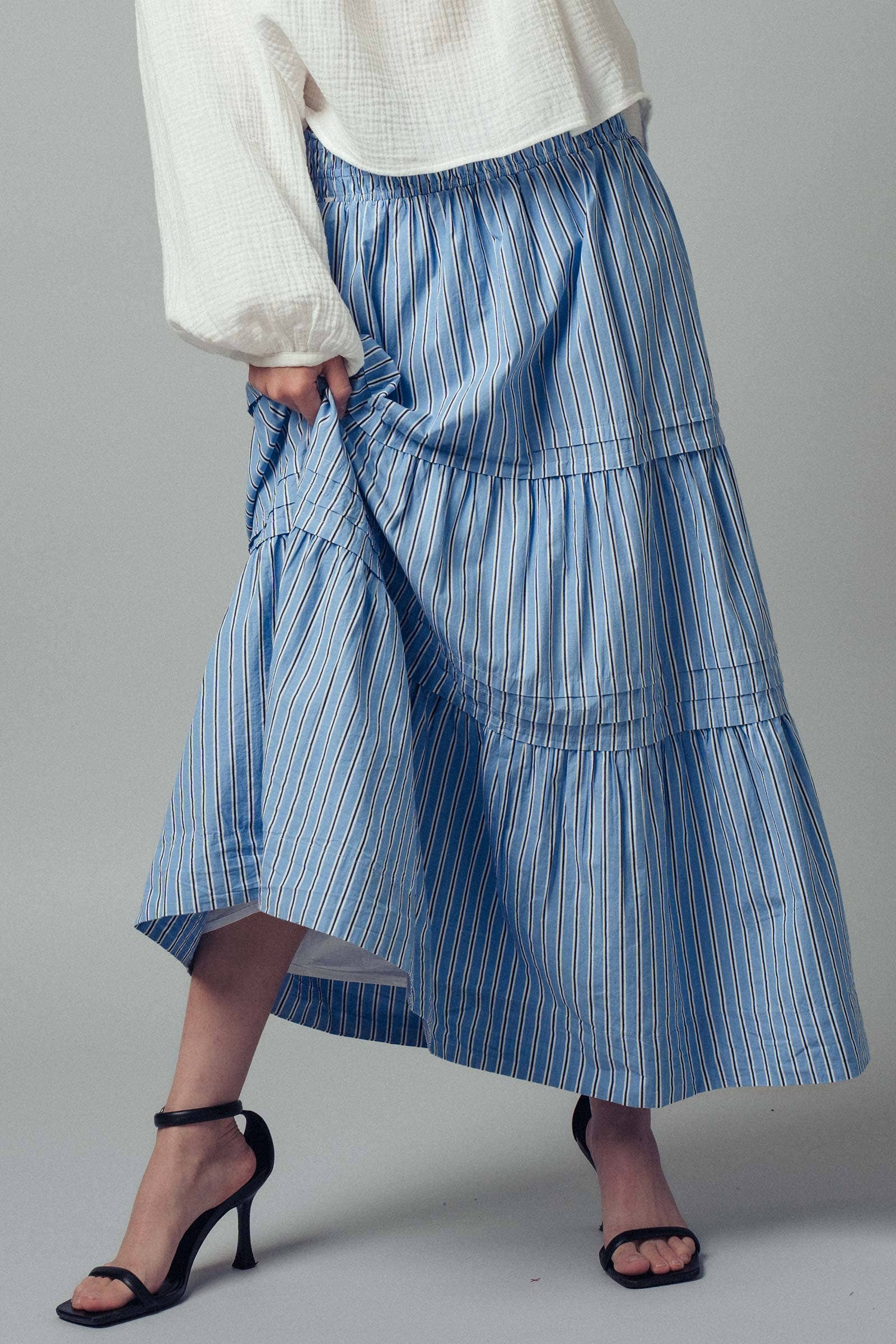 Striped Cotton Tiered Smocked Maxi Skirt