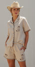 Sweet Cowgirl Boot Stitch Embroidered Shirt in LINEN - Women's Shirts & Blouses | Urban Daizy