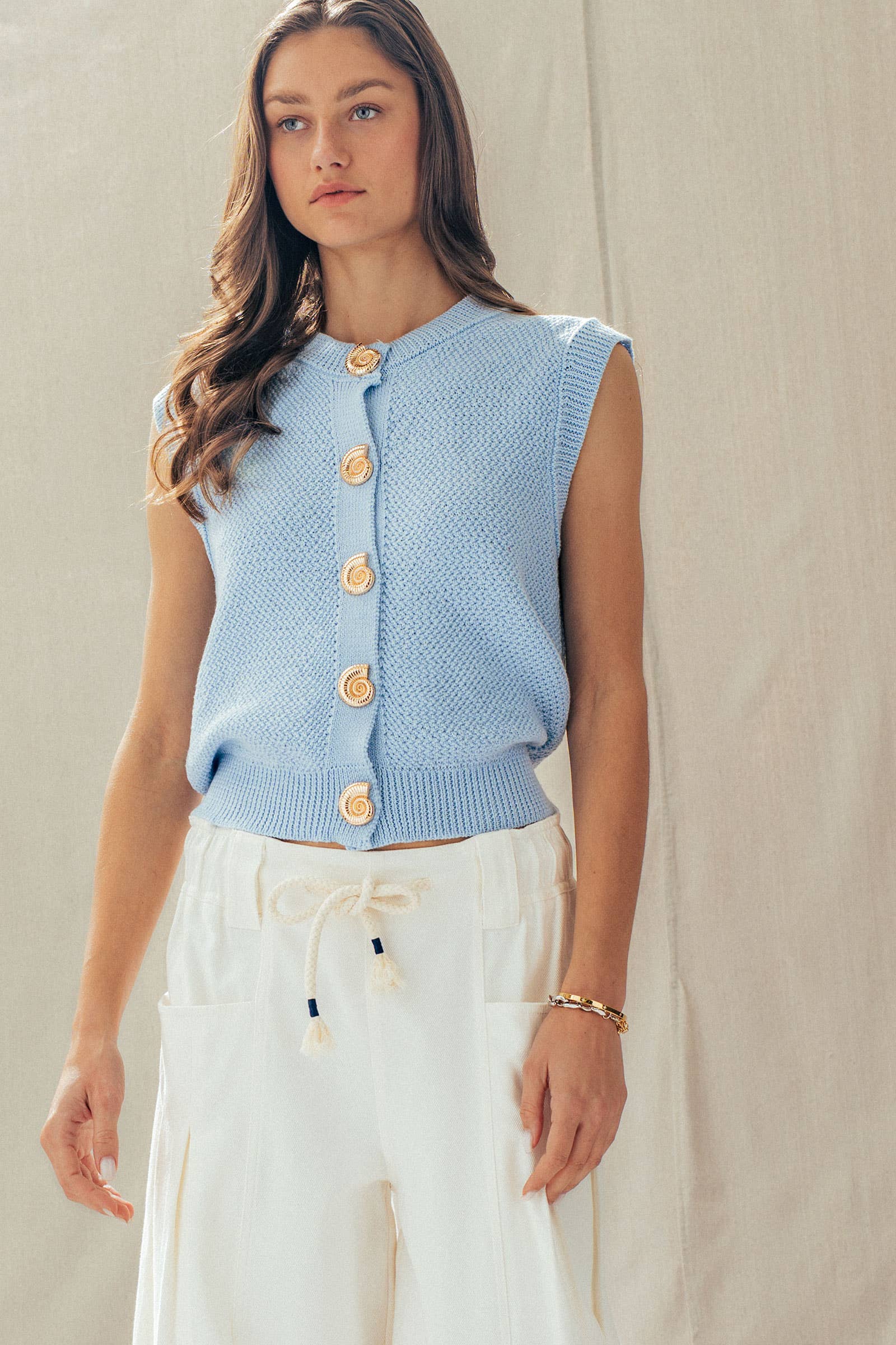 Urban Daizy Textured Knit Vest Seashell Buttons Blue Sweater Vest - Women's (UDZ-KN-01049) – alternate view 13