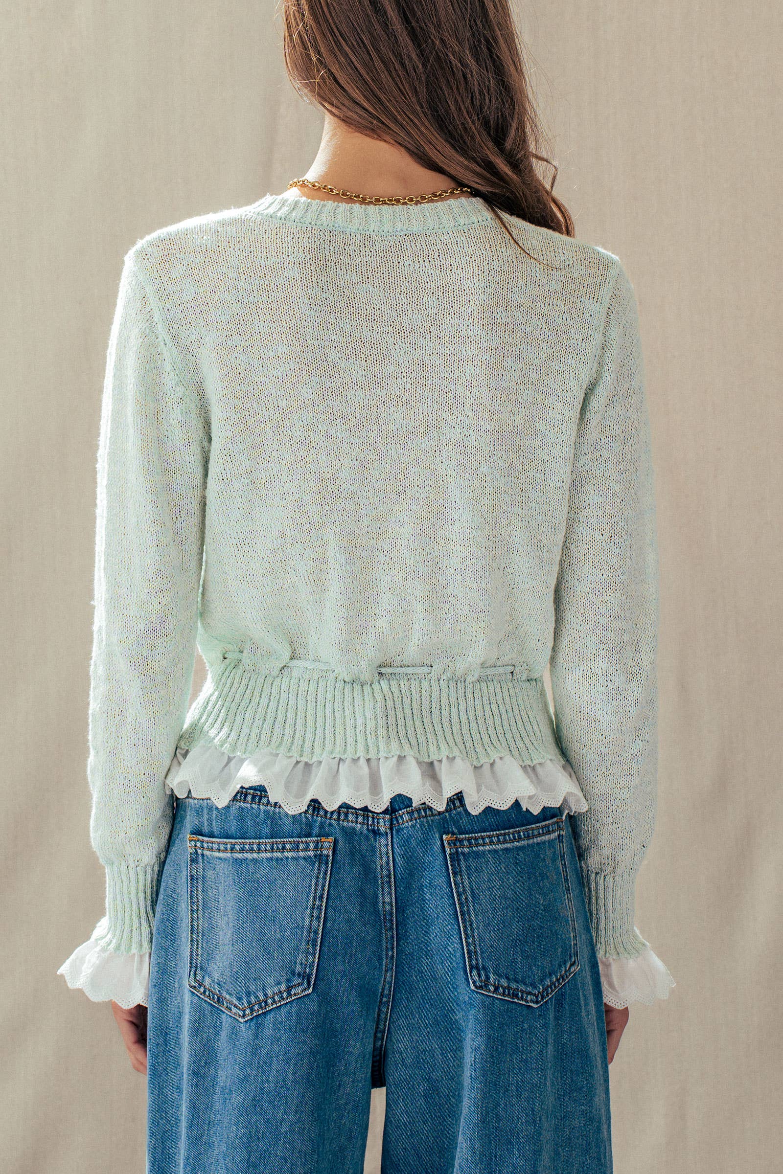 Eyelet Trim Peplum Drawstring Cardigan
