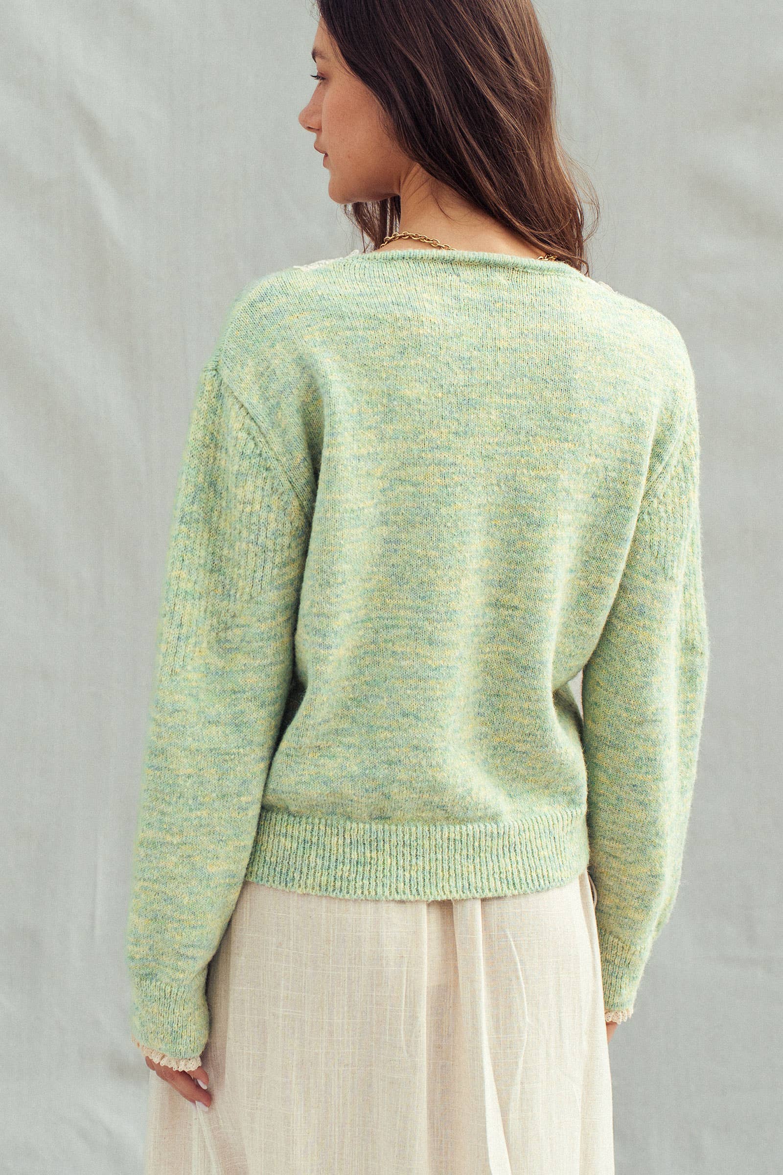 Lace Trim V-Neck Heathered Knit Sweater