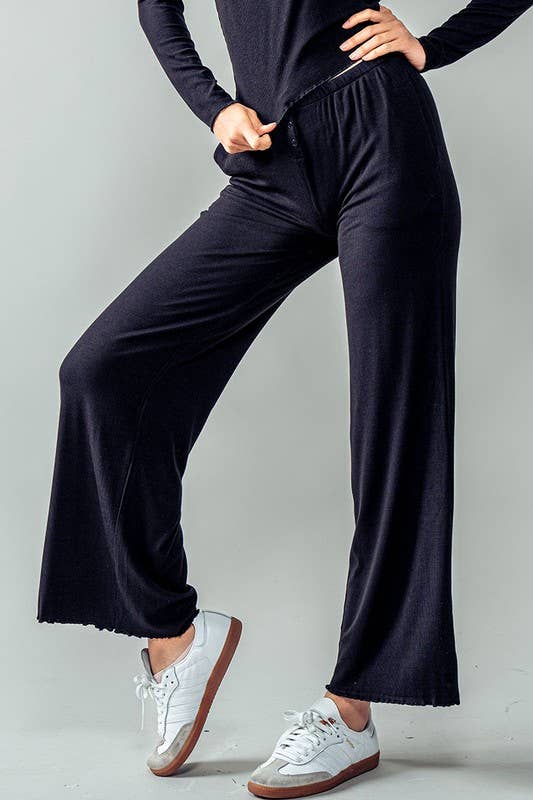 Urban Daizy Soft Ribbed Lettuce Hem Wide Leg Lounge Pants Black Pants - Women's (UDZ-PT-00262) – alternate view 5