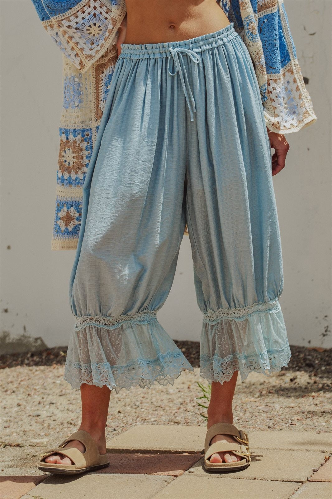 Boho Lace Trim Summer Linen Pants in BLUE - Women's Pants | Urban Daizy