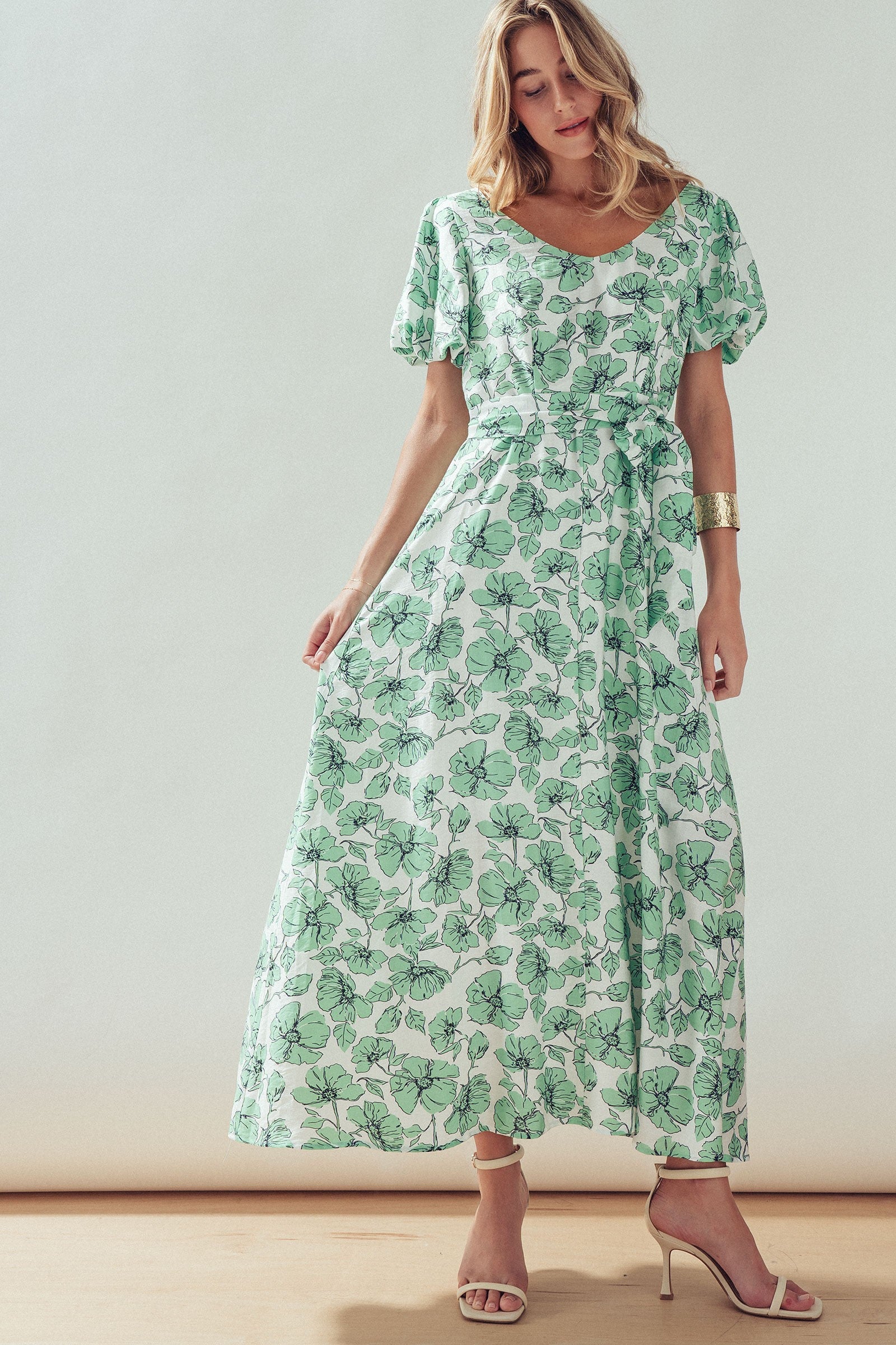 Green Floral Puff Sleeve Midi Dress