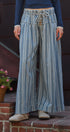 Striped Denim Wide Leg Palazzo Pants Vintage Wash Boho Coast in LT DENIM - Women's Casual Pants | Urban Daizy