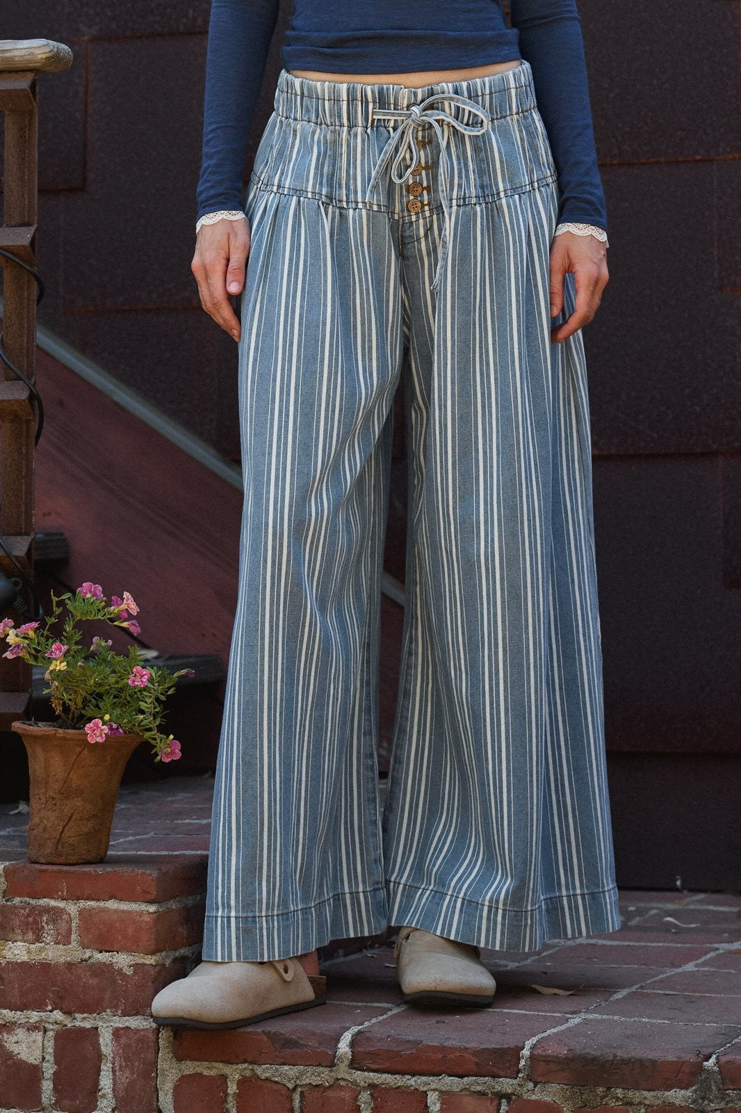 Striped Denim Wide Leg Palazzo Pants Vintage Wash Boho Coast in LT DENIM - Women's Casual Pants | Urban Daizy