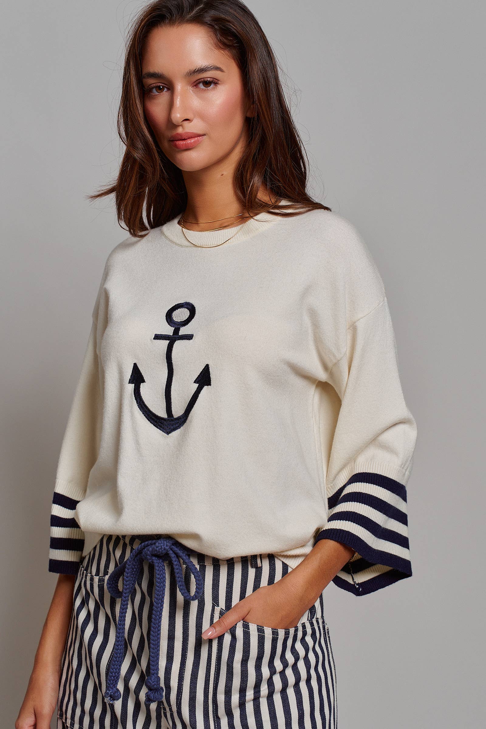 Nautical Anchor Knit Top Striped Sleeve