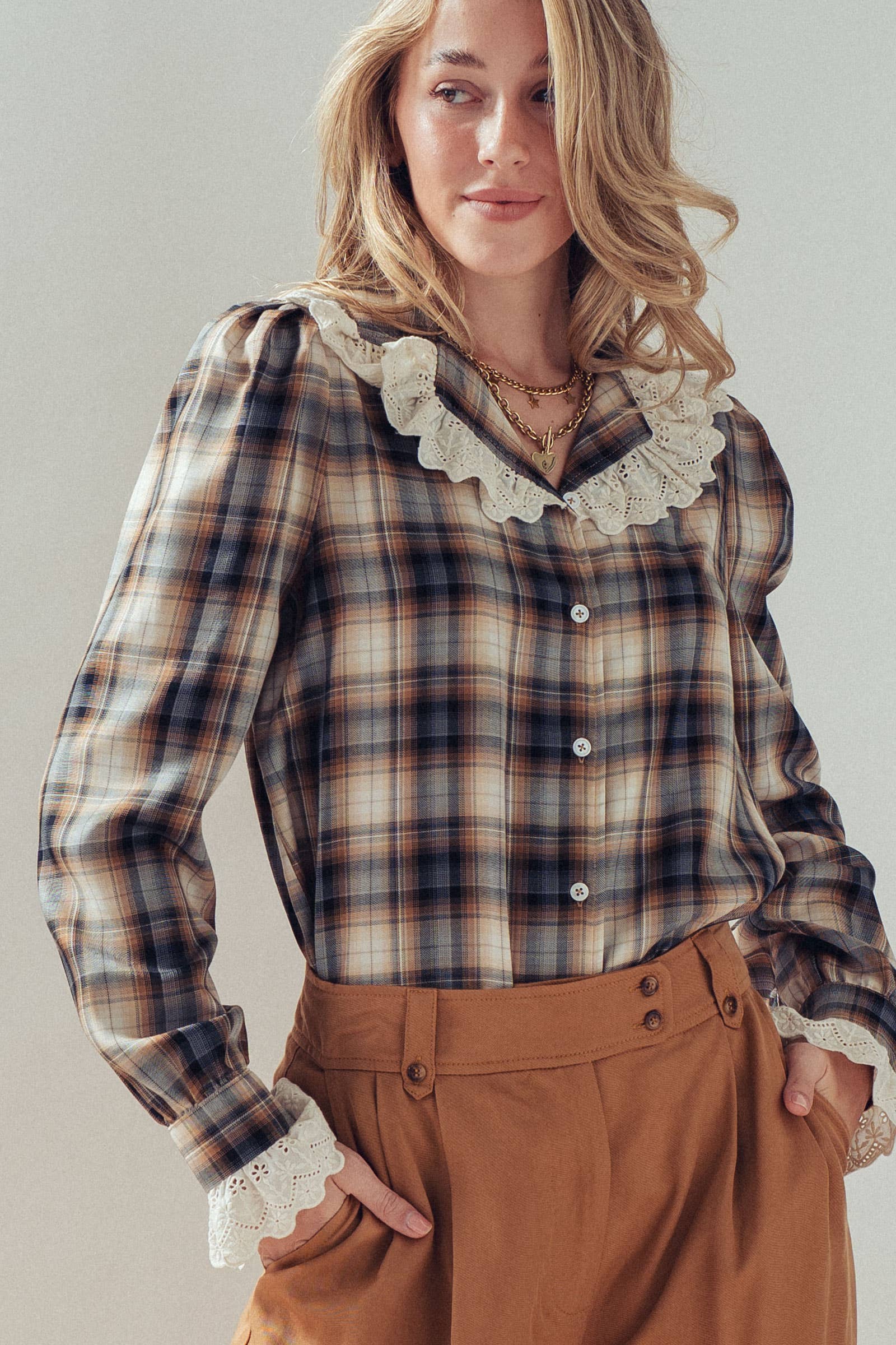 Tencel Plaid Blouse With Eyelet Lace Collar