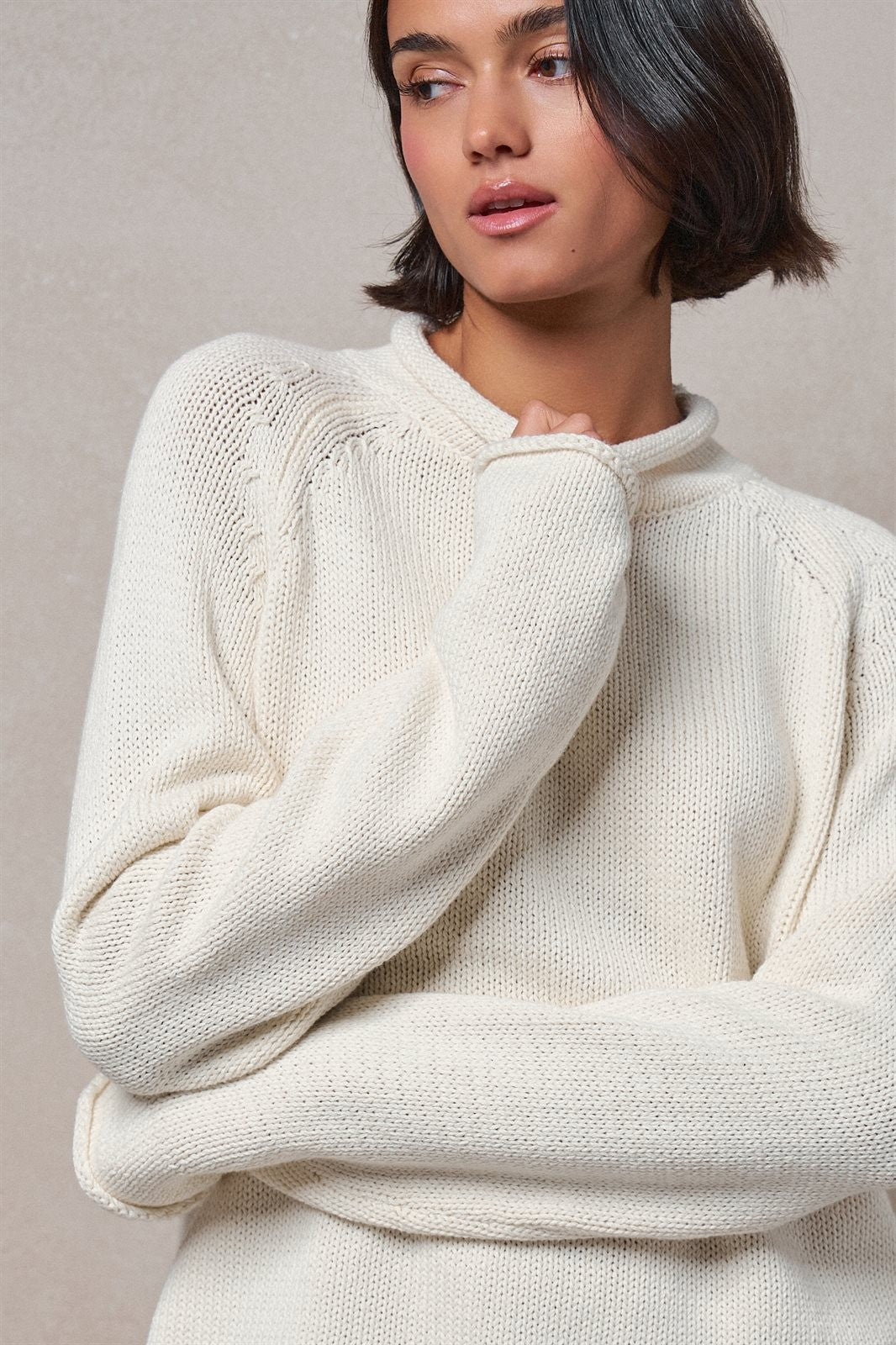 Striped Mock Neck Sweater with Rolled Neckline in IVORY - Women's Sweaters | Urban Daizy