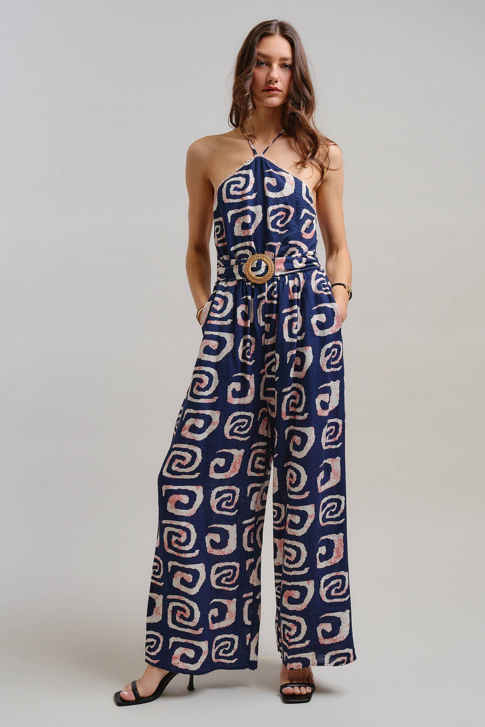 Urban Daizy Geometric Print Halter Belted Wide Leg Jumpsuit Blush Jumpsuit - Women's (TNJU0181-Blush) – alternate view 20