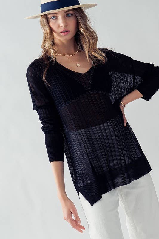 Urban Daizy Ribbed V-Neck Striped Tunic Top Black Tunic - Women's (UDZ-TP-00045)