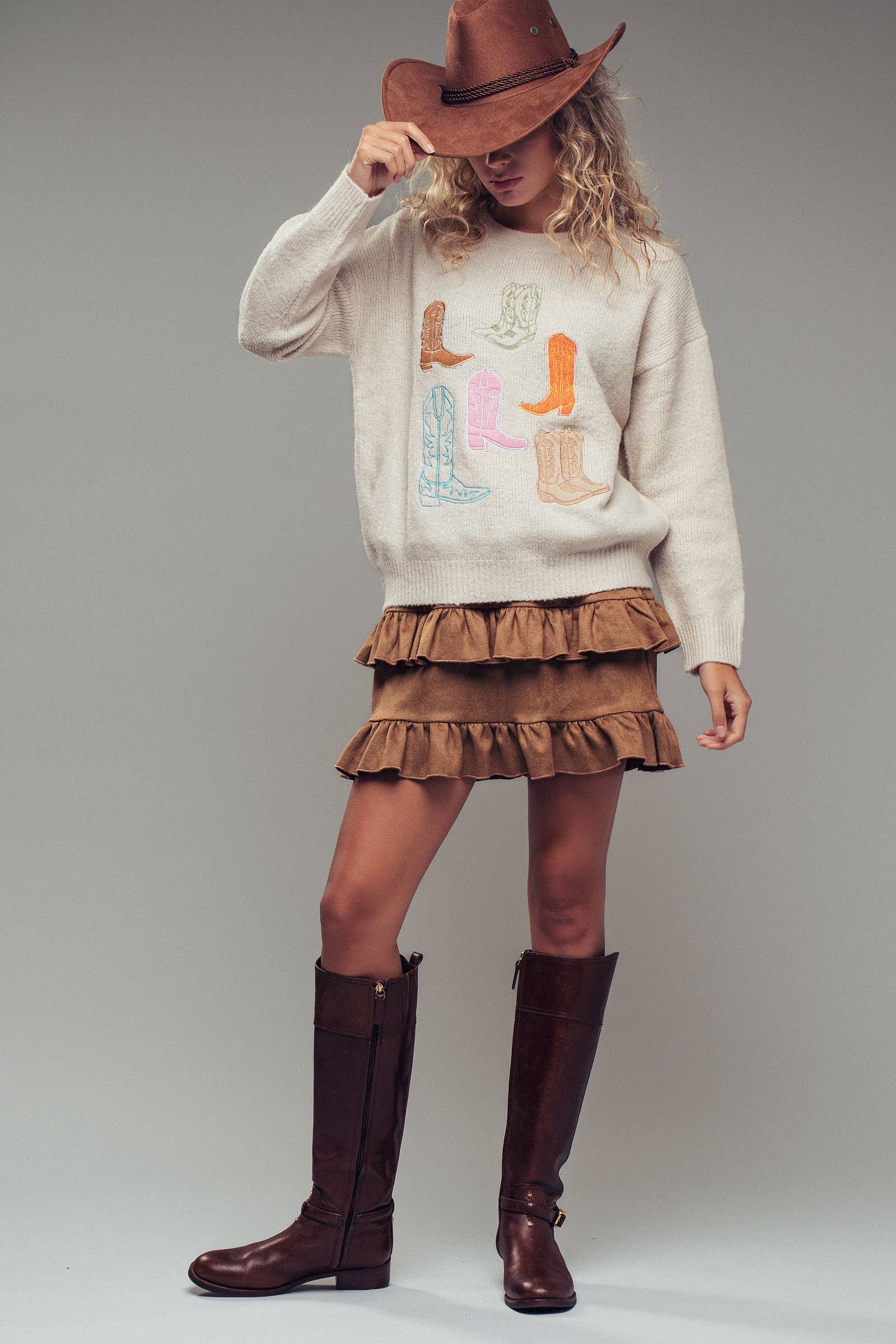 Western Embroidered Cowboy Boot Sweater