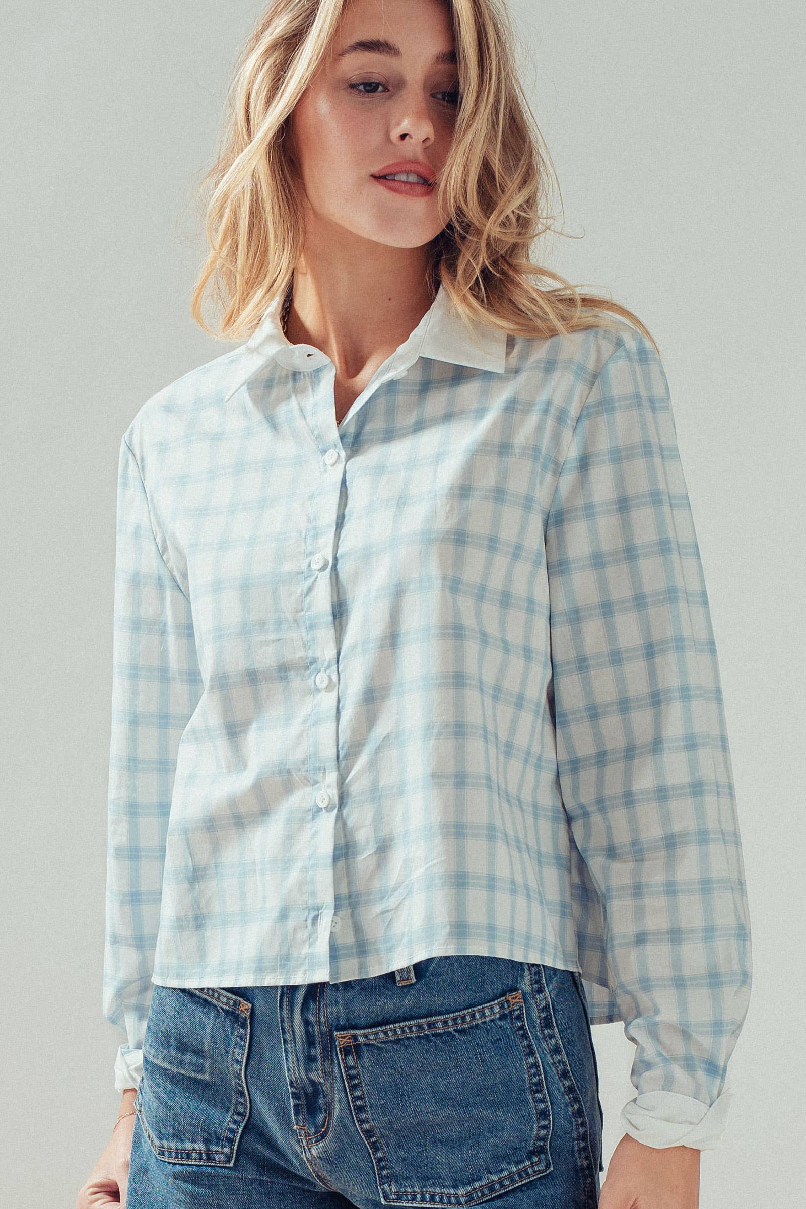 Urban Daizy Contrast Collar Plaid Button Front Shirt Blue Button Down Shirt - Women's (UDZ-TP-01003) – alternate view 7