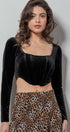 Urban Daizy Velvet Corset Hem Cropped Long Sleeve Top Black Blouse - Women's (TNTP3742-Black)
