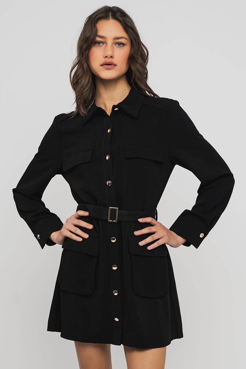 Urban Daizy Gentle Whisper Belted Long Sleeve Mini Shirt Dress Black Dress - Women's (UDZ-DR-00353) – alternate view 8